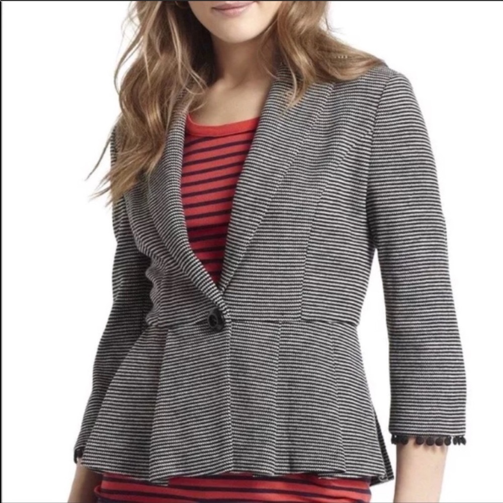 Anthro Tabitha stripe knit peplum blazer w pompons